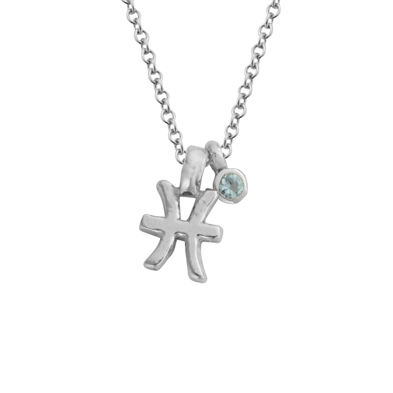 Silver Mini Pisces Horoscope & Aquamarine Birthstone Necklace