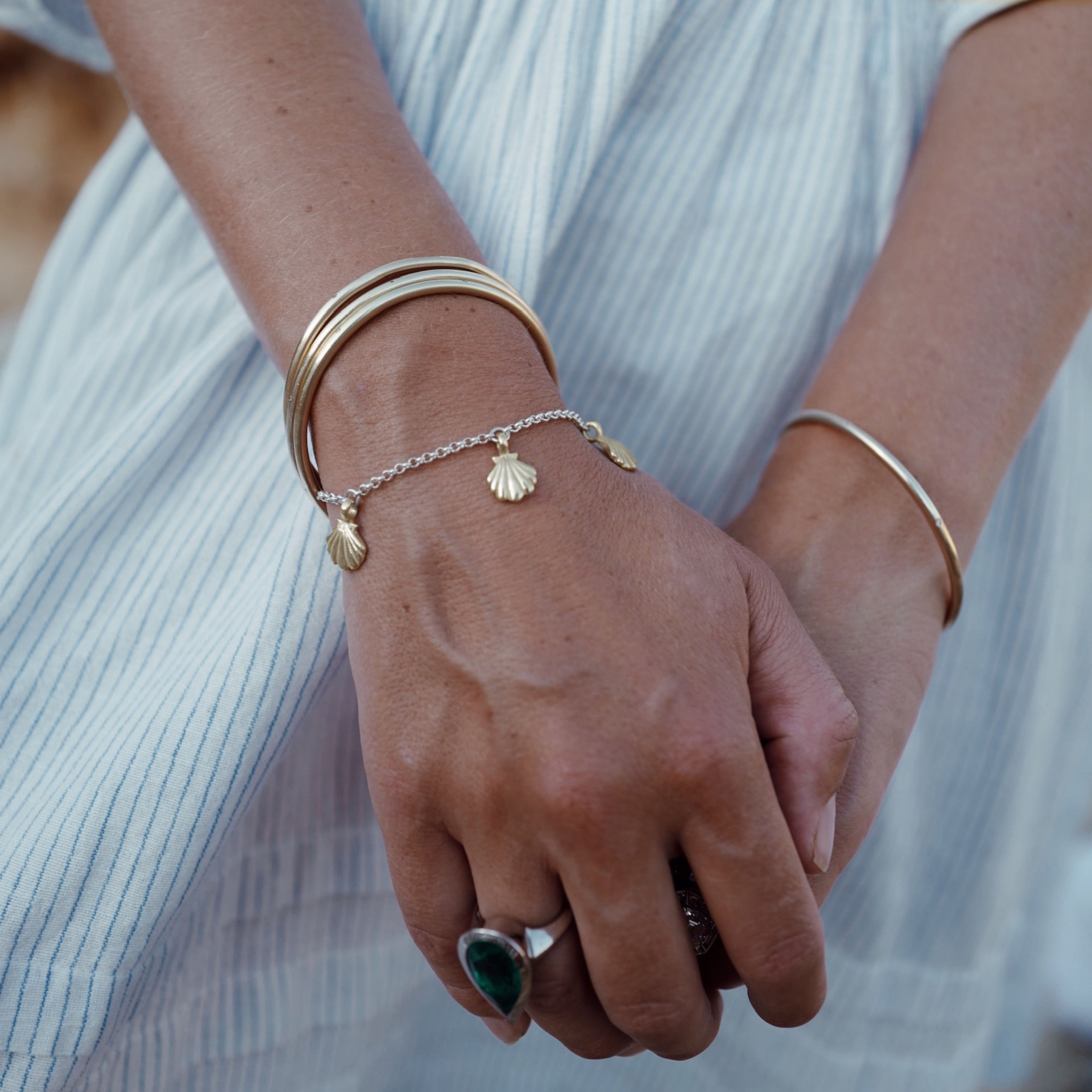 Silver & Gold Trio Scallop Shell Chain Bracelet