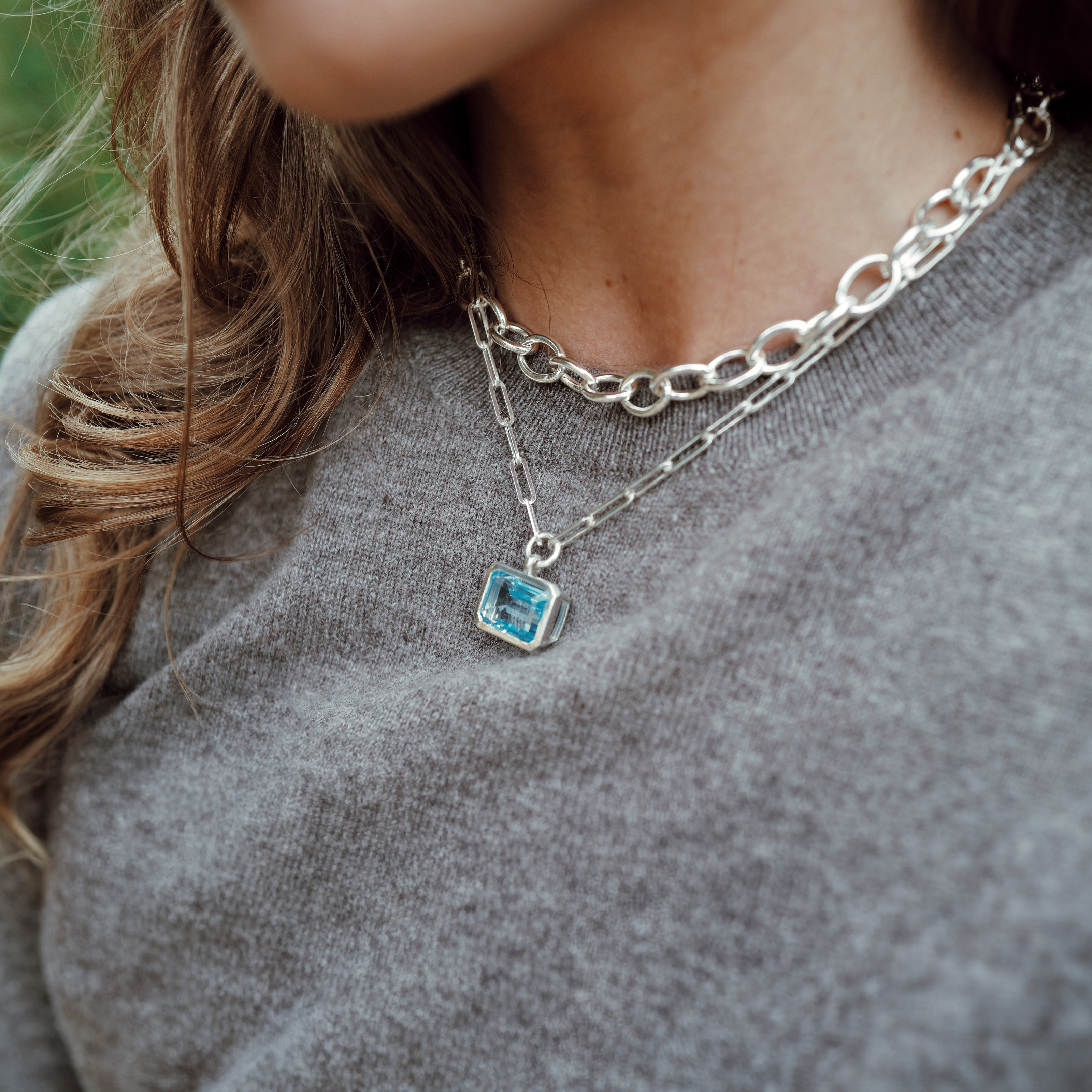 Silver Juno Blue Topaz Trace Chain Necklace