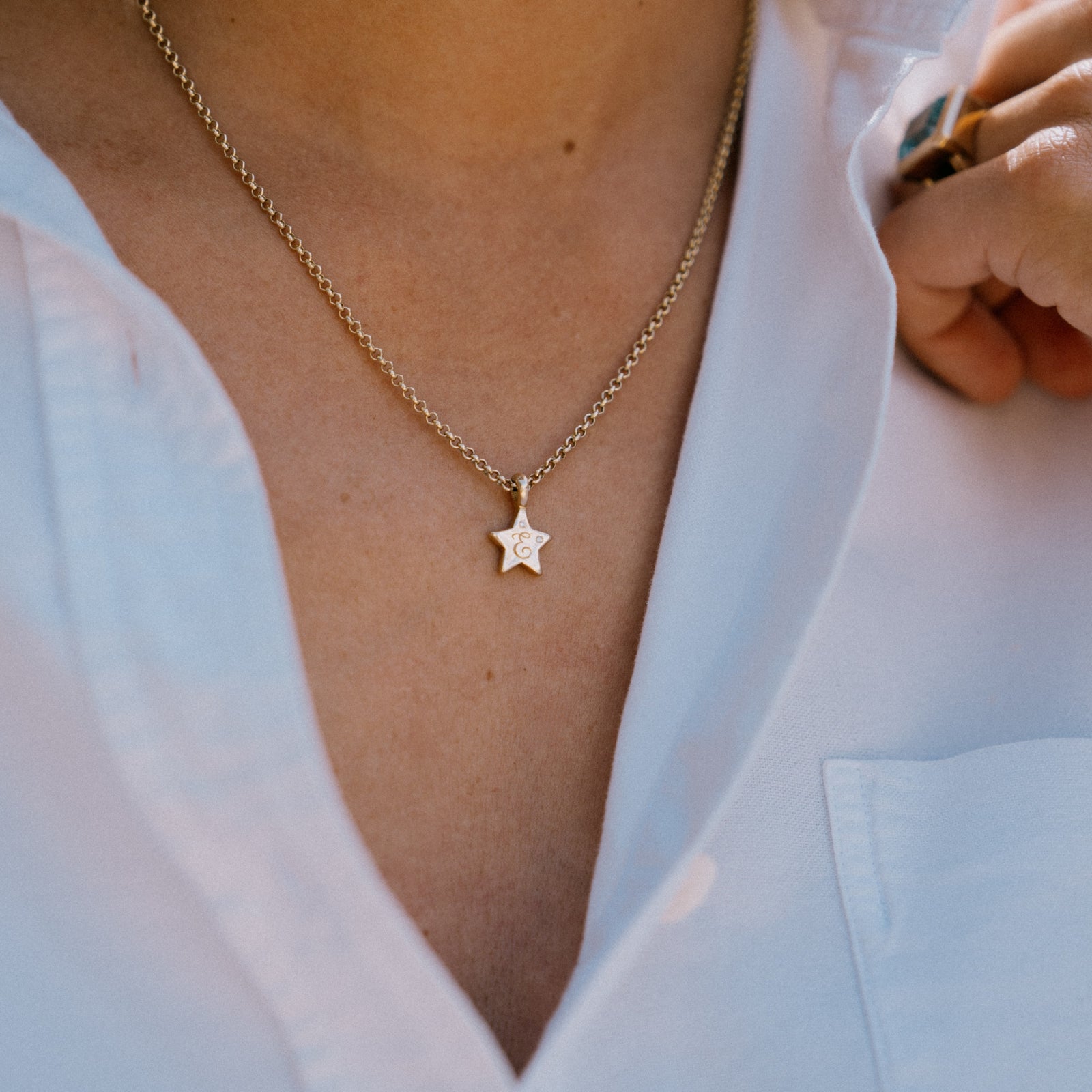 [modelwears Hand Engraved Gold Two Diamond Guiding Star Necklace]