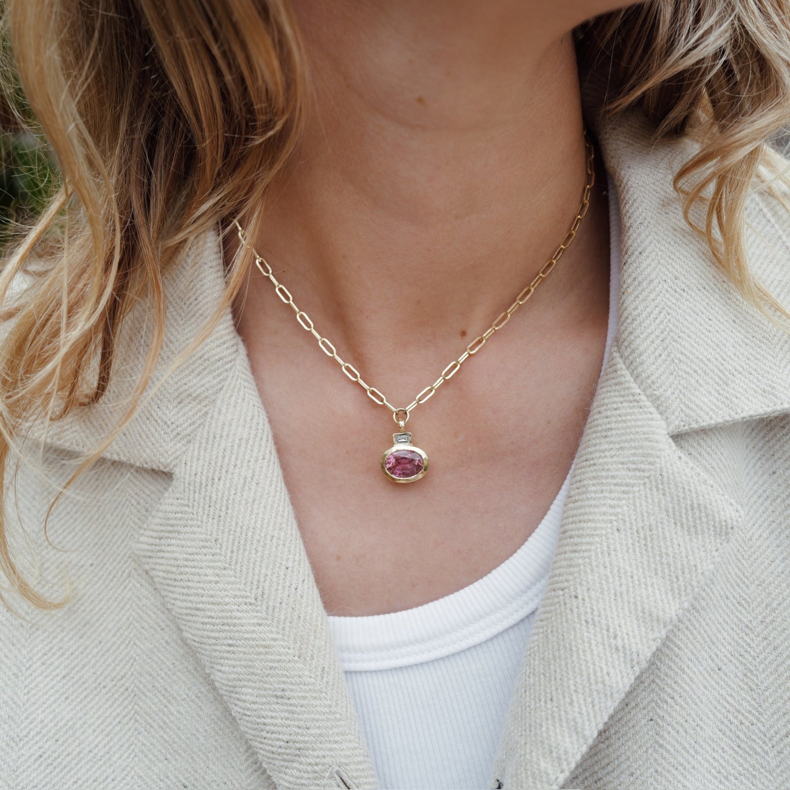 ROSITA Gold Pink Tourmaline & Diamond Tiny Trace Chain Necklace