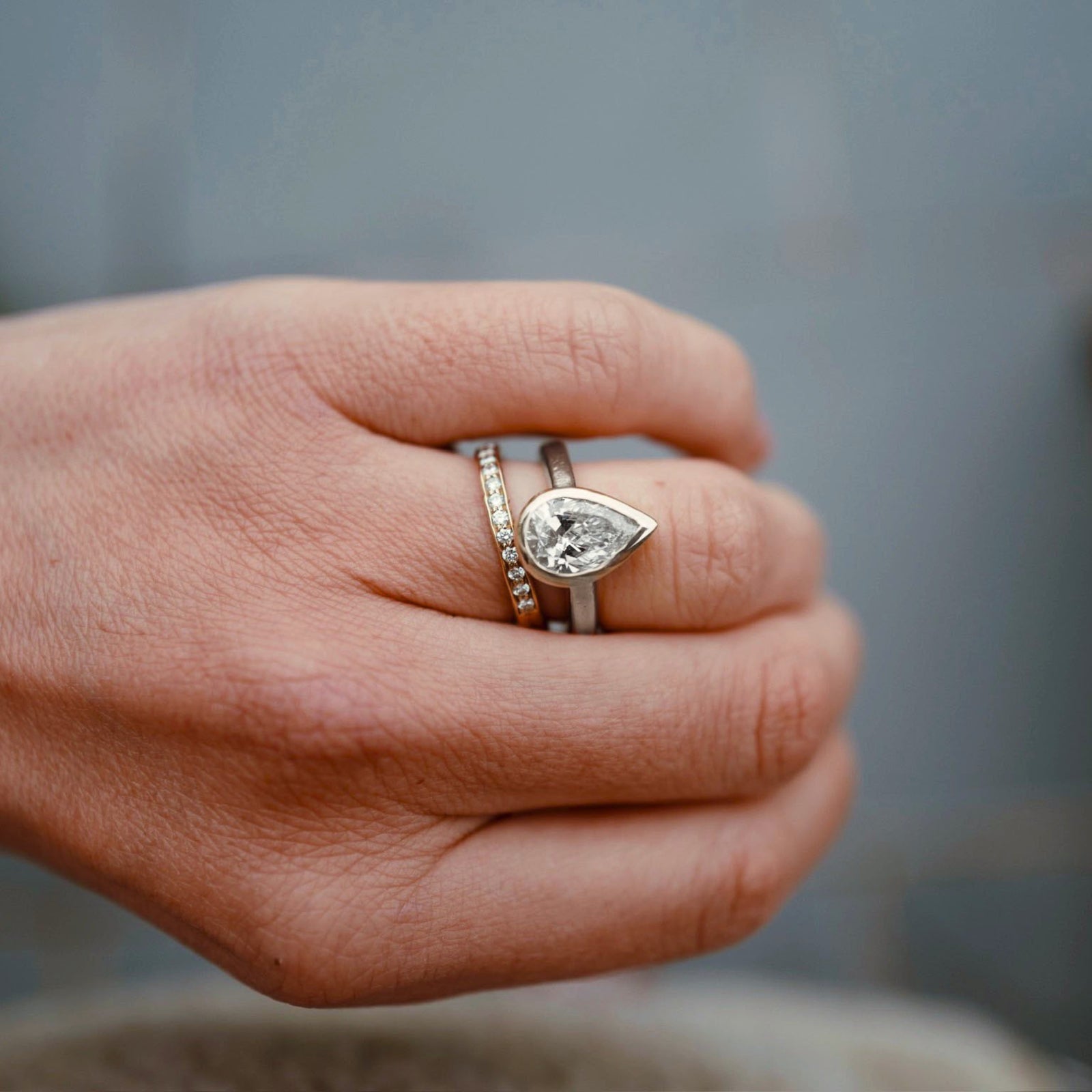 'The Muse' Platinum Pear 2ct Lab Grown Diamond Bezel Engagement Ring