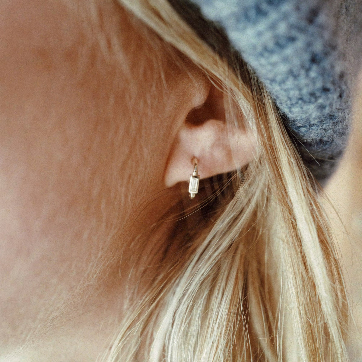 Gold Baguette Diamond Tiny Cupid Hoop Earrings
