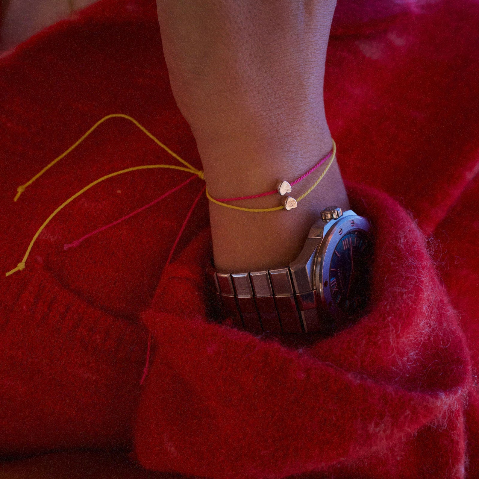 [women][modelwears Bright Pink & Yellow Cord Bracelet]