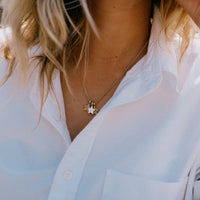 [modelwears Gold Trio Guiding Star Necklace with Hand Engraving]