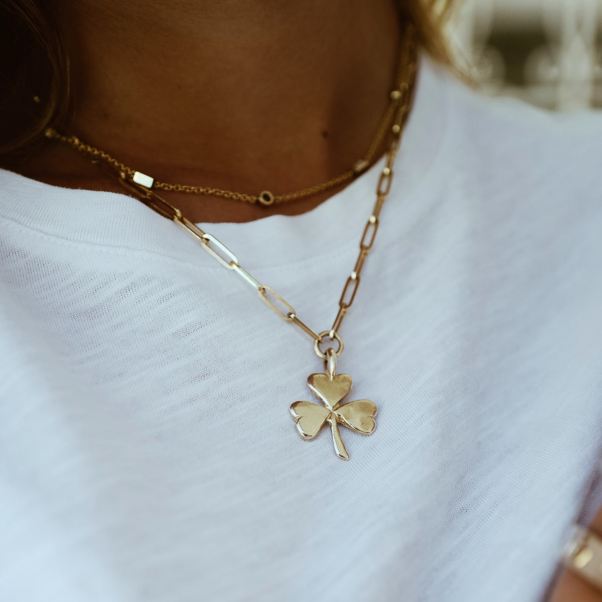 Gold Large Shamrock Trace Chain Necklace