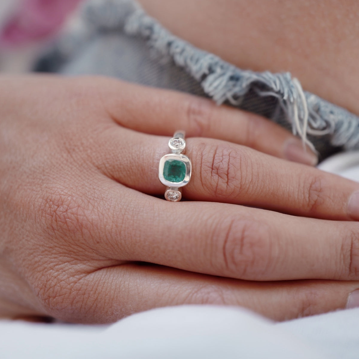 ZELENY Silver Emerald & Diamond Ring