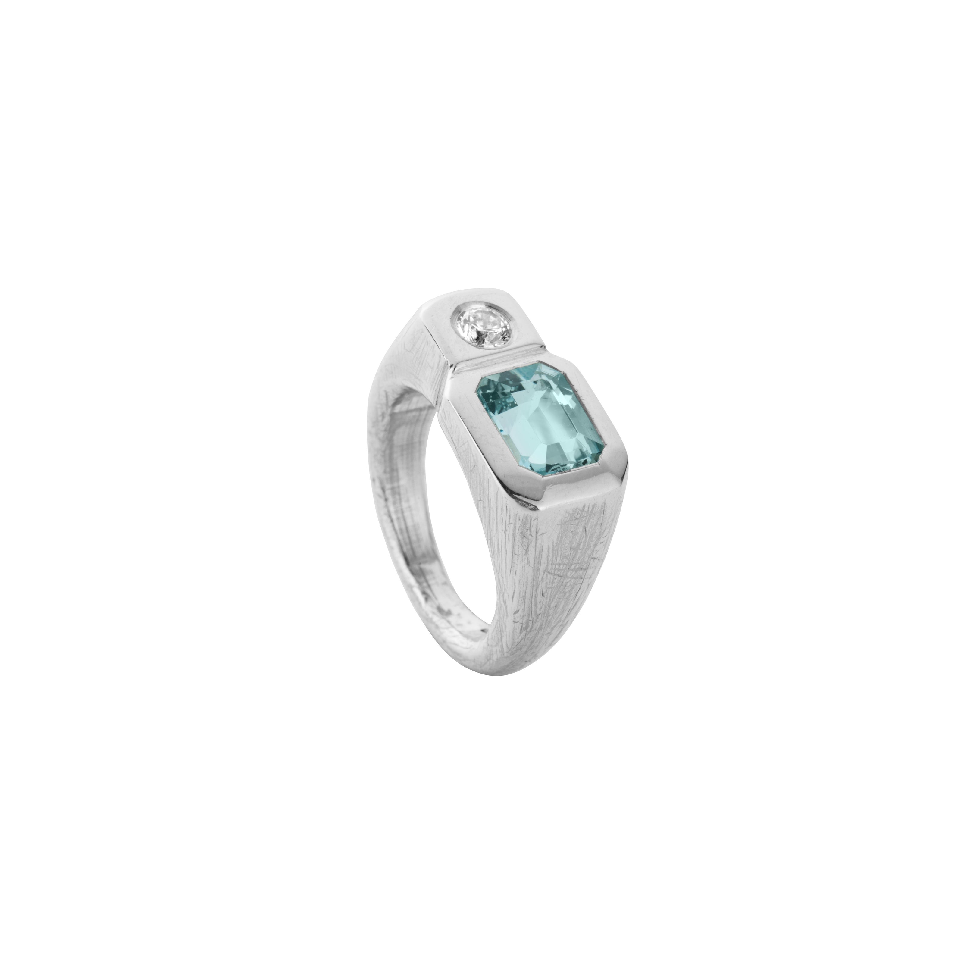 ADVA Silver Zimbaqua Aquamarine & Diamond Signet Ring