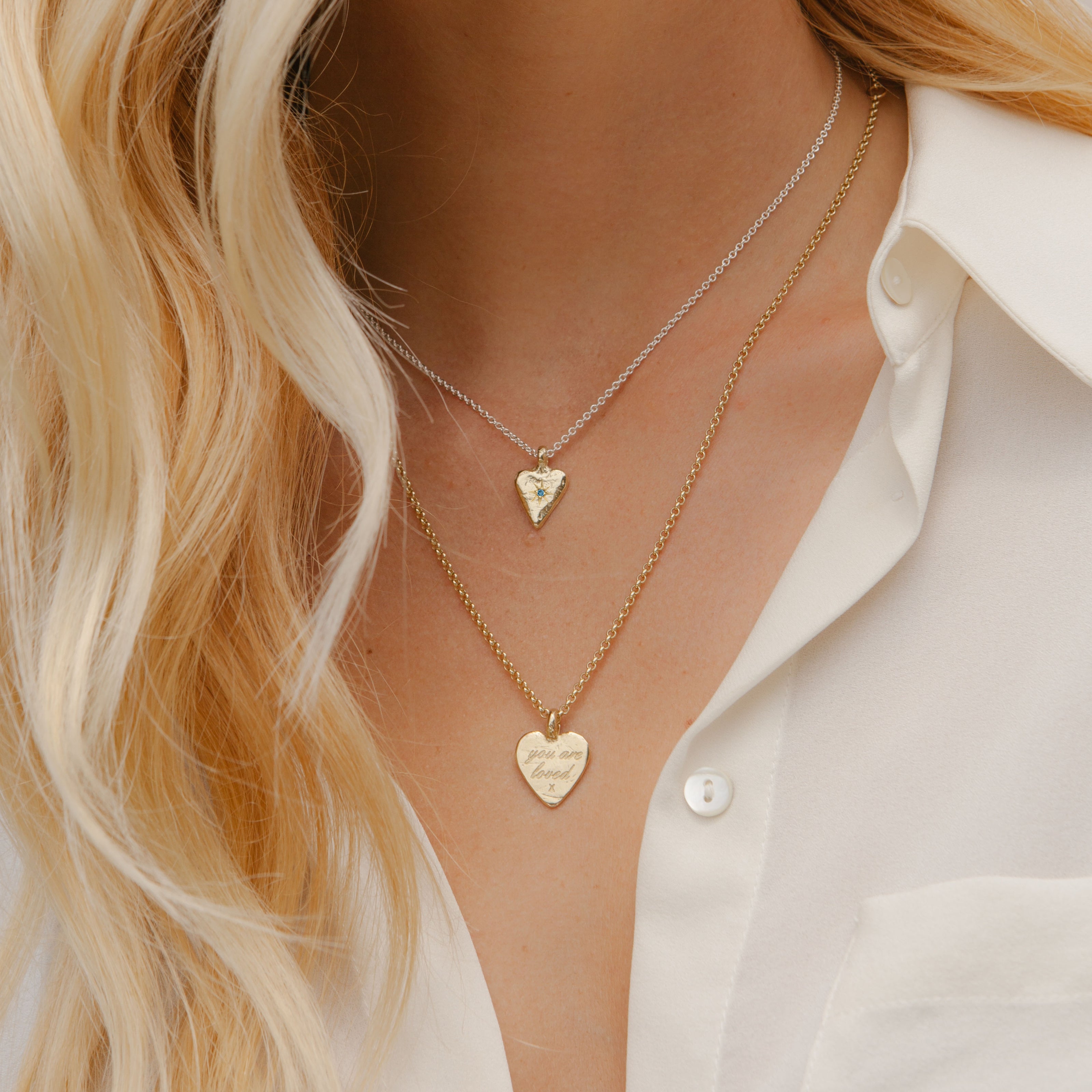 Silver & Gold Blue Topaz Mini Heart Necklace