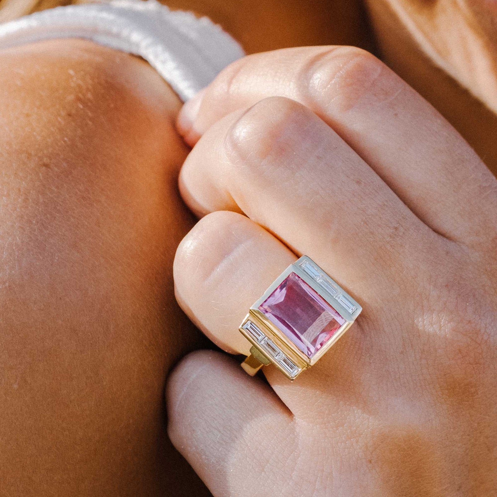 GATSBY Gold Pink Tourmaline & Baguette Diamond Ring