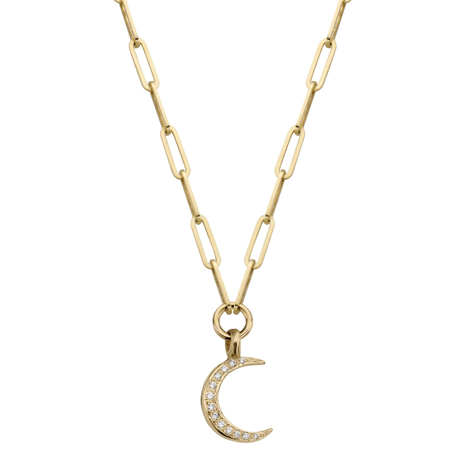 Gold Pavé Set Diamond Medium Crescent Moon Trace Chain Necklace