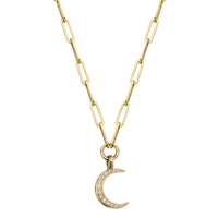 Gold Pavé Set Diamond Medium Crescent Moon Trace Chain Necklace