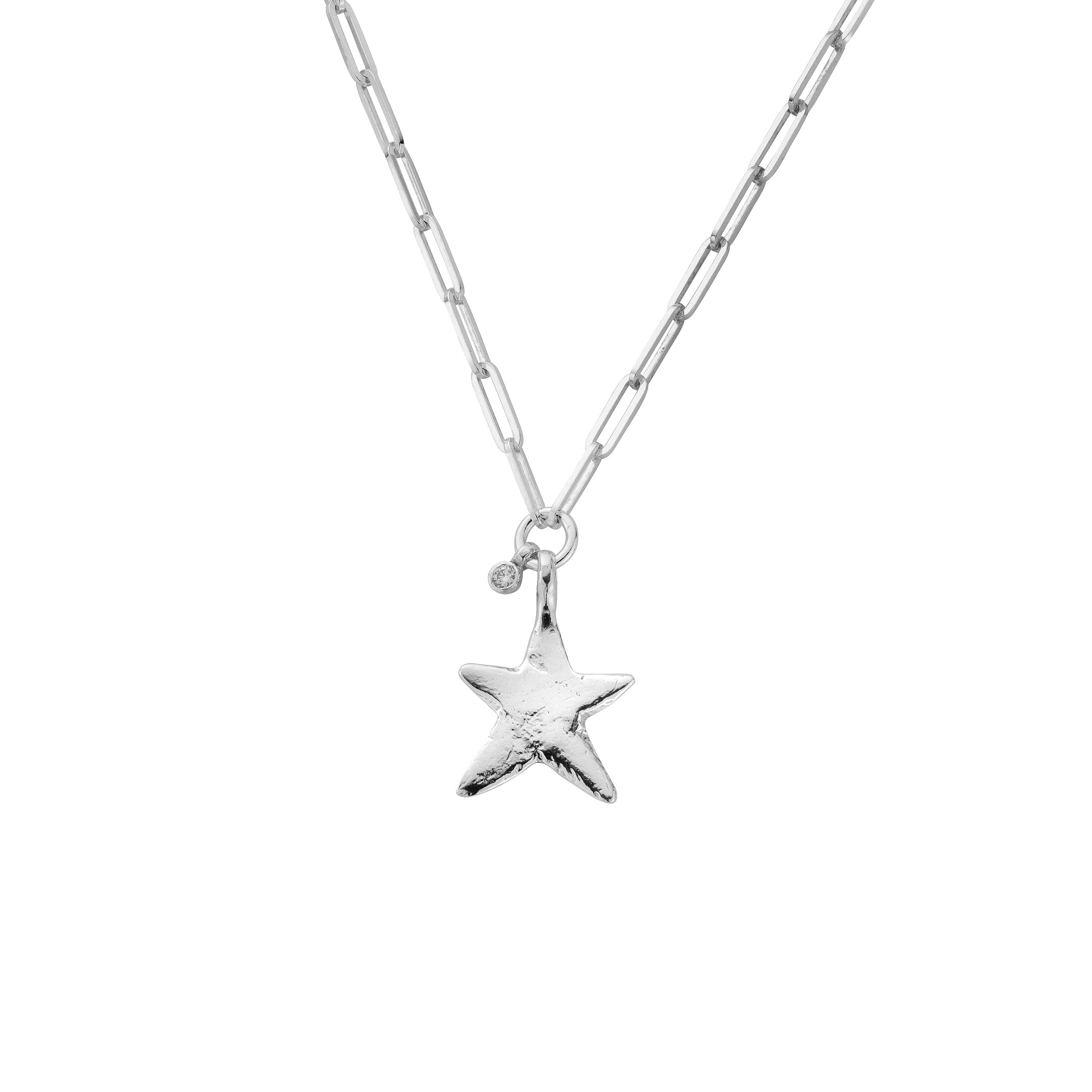 Silver Midi Star Trace Chain Necklace with Diamond
