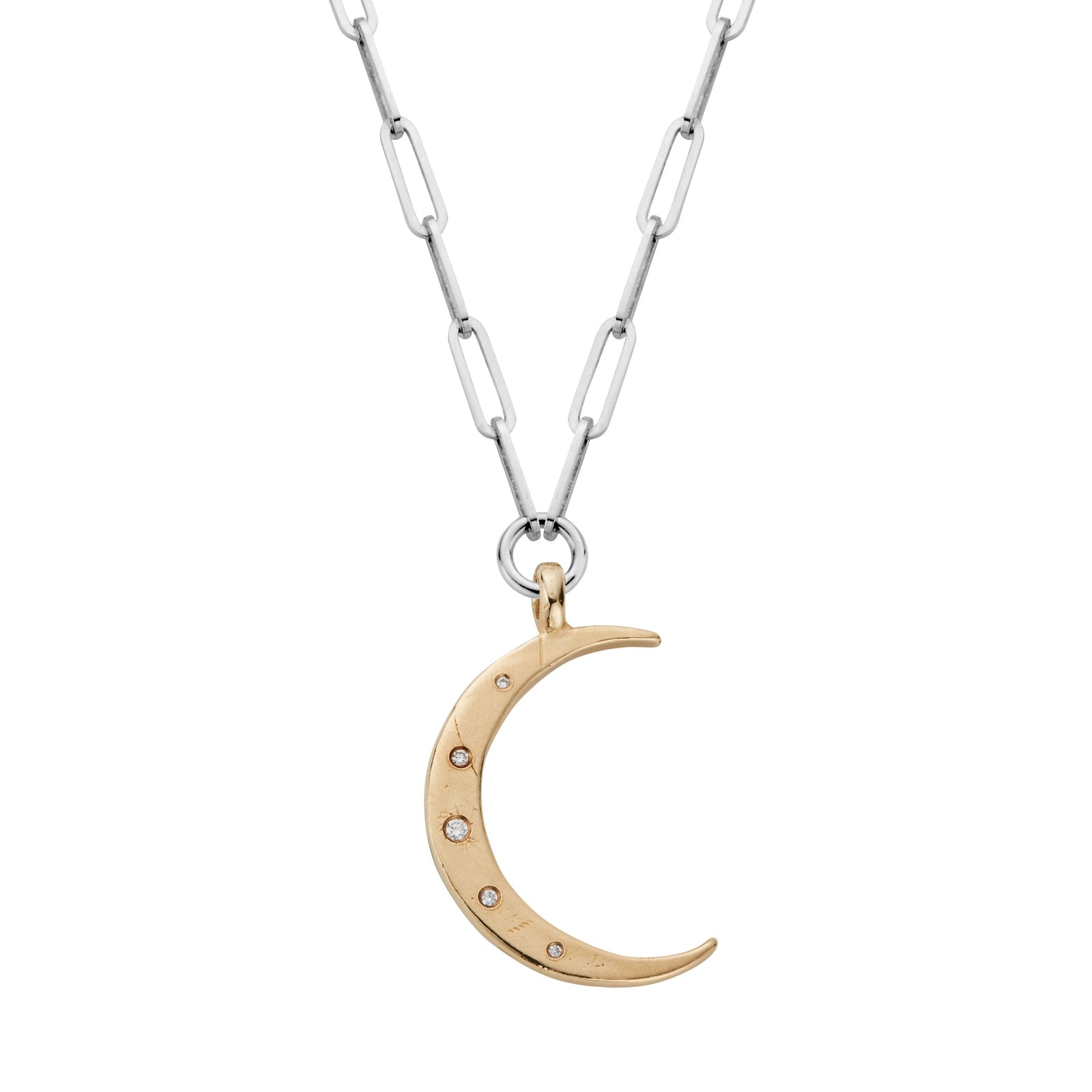 Silver & Gold Diamond Large Crescent Moon Trace Chain Necklace