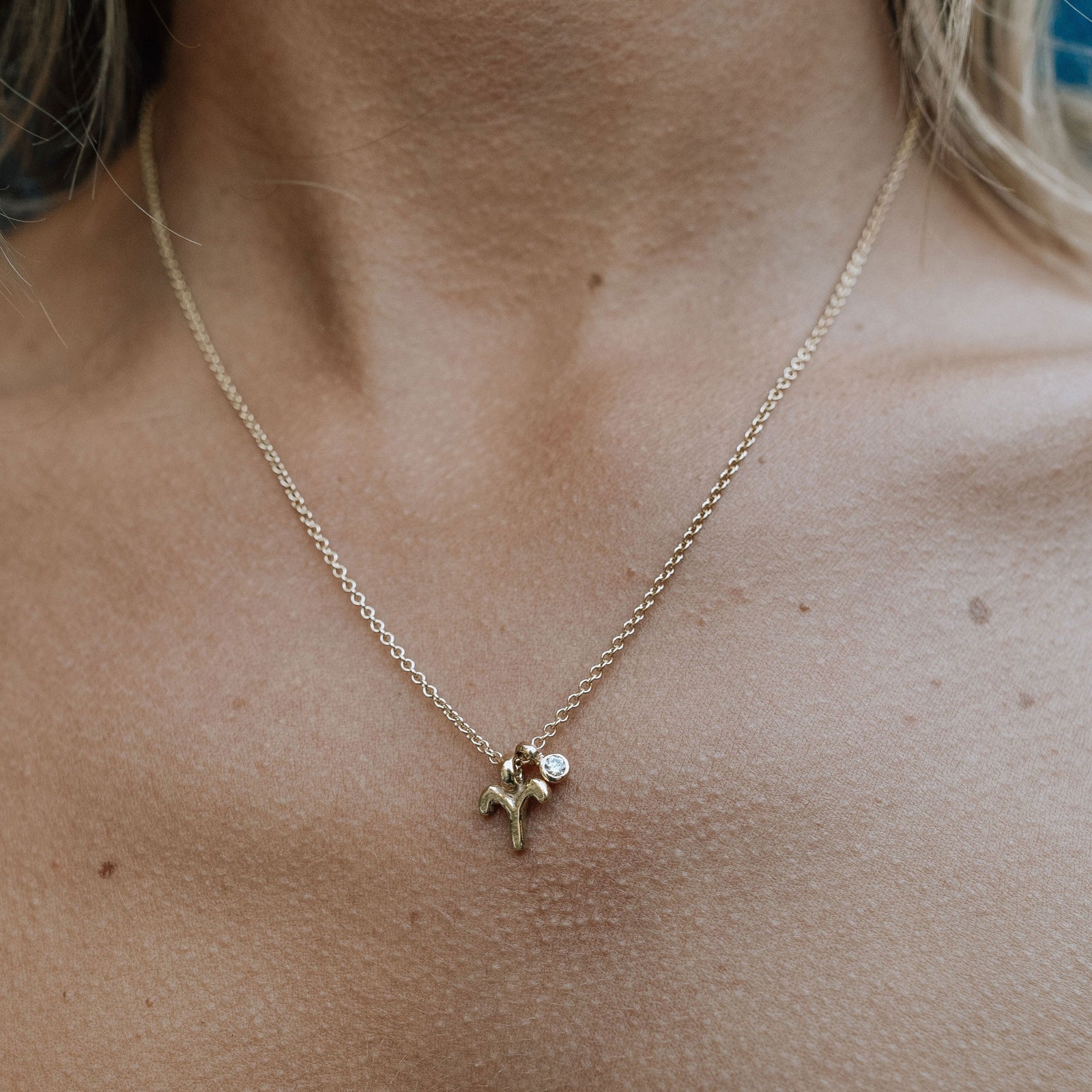 Gold Mini Aries Horoscope & Diamond Birthstone Necklace