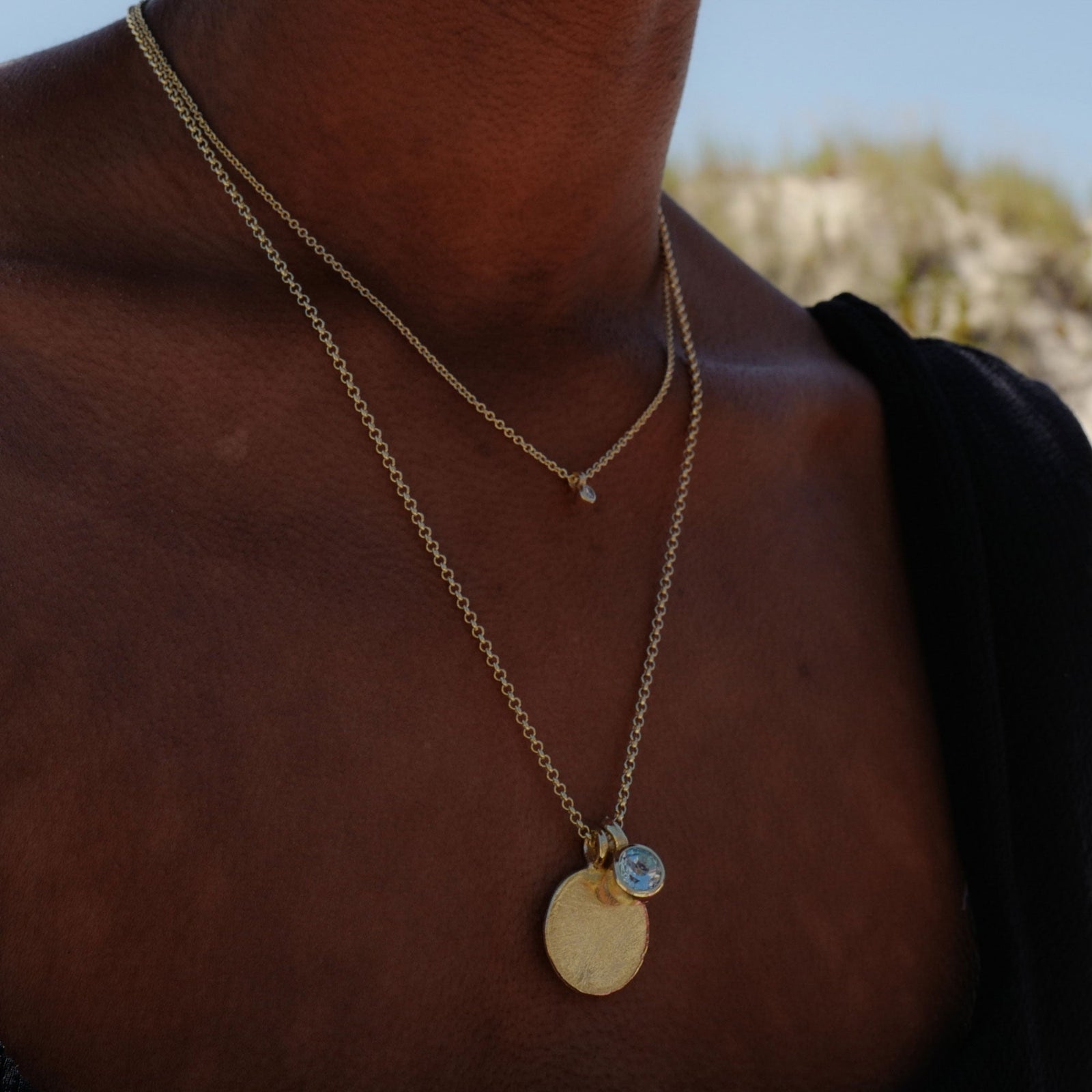 Gold Blue Topaz Moon & Stone Necklace