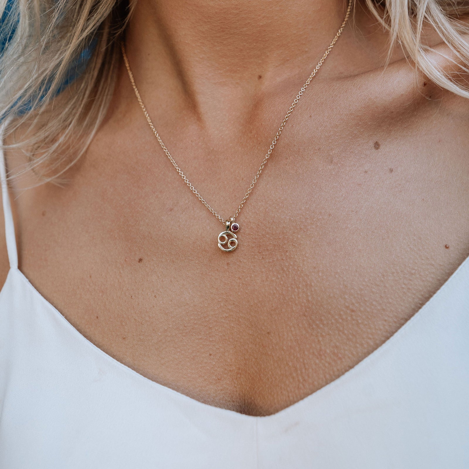 Gold Mini Cancer Horoscope & Ruby Birthstone Necklace