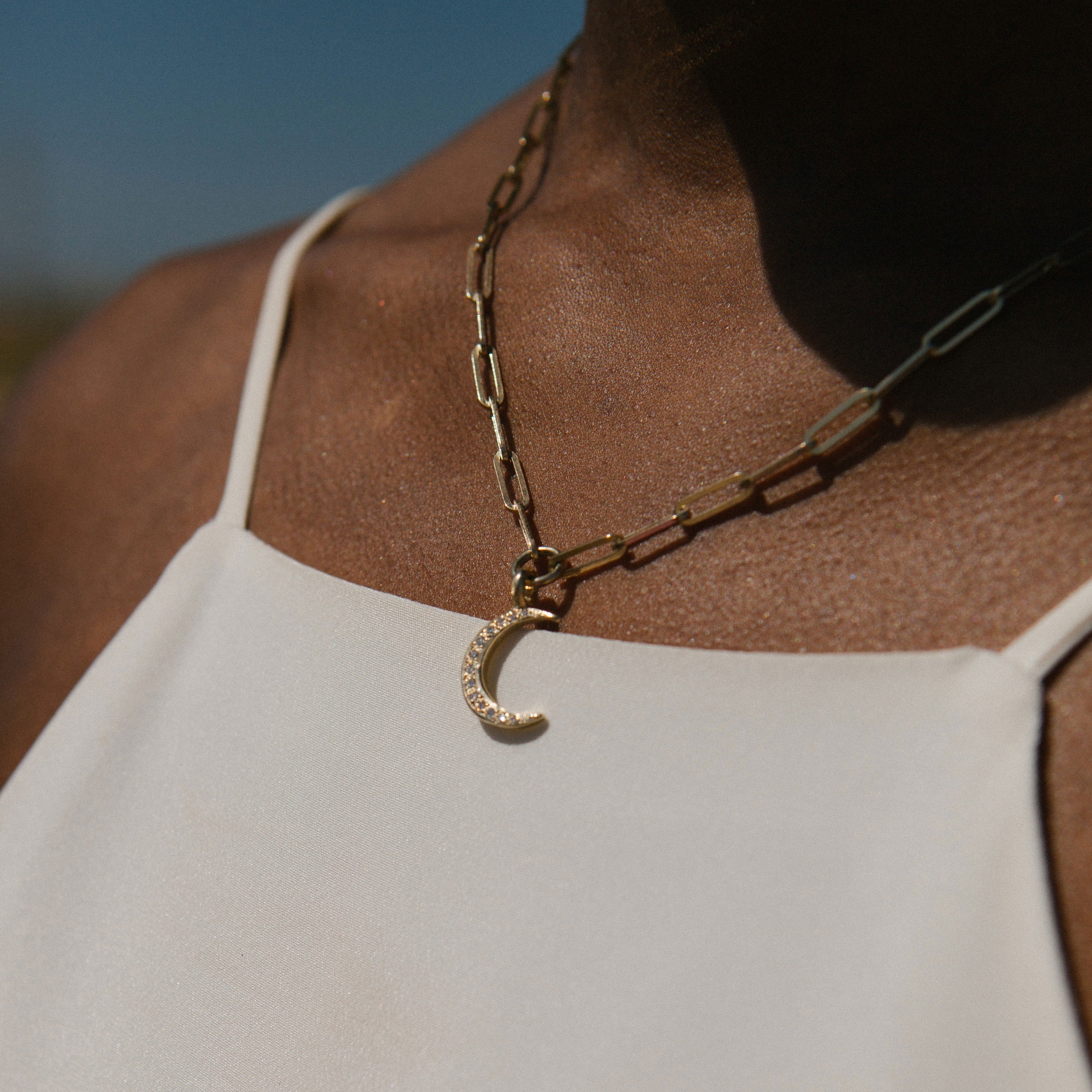 Gold Pavé Set Diamond Medium Crescent Moon Trace Chain Necklace
