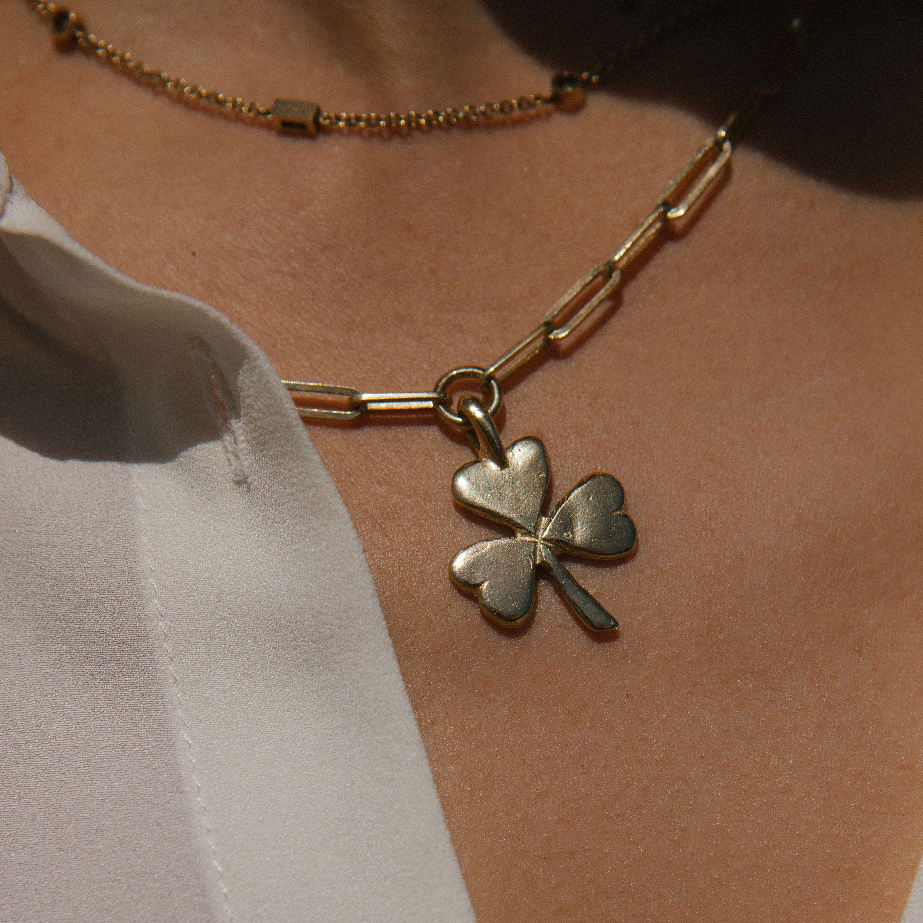 Gold Large Shamrock Trace Chain Necklace
