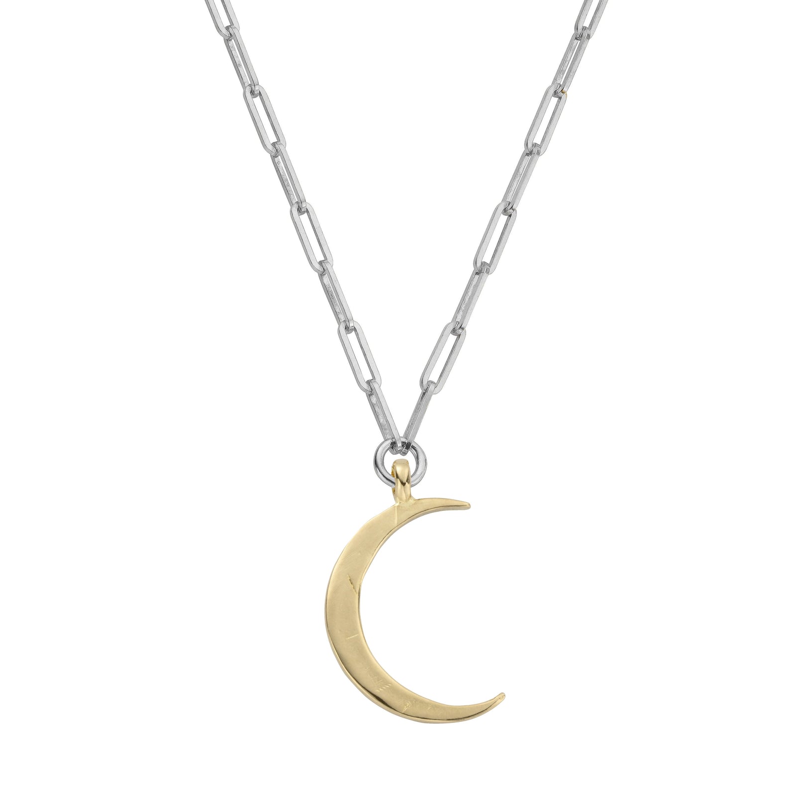 Silver & Gold Large Crescent Moon Trace Chain Necklace