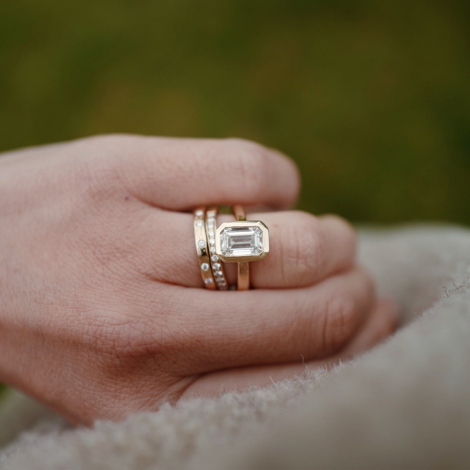 'The Heirloom' 18ct Gold Emerald 2ct Lab Grown Diamond Bezel Engagement Ring