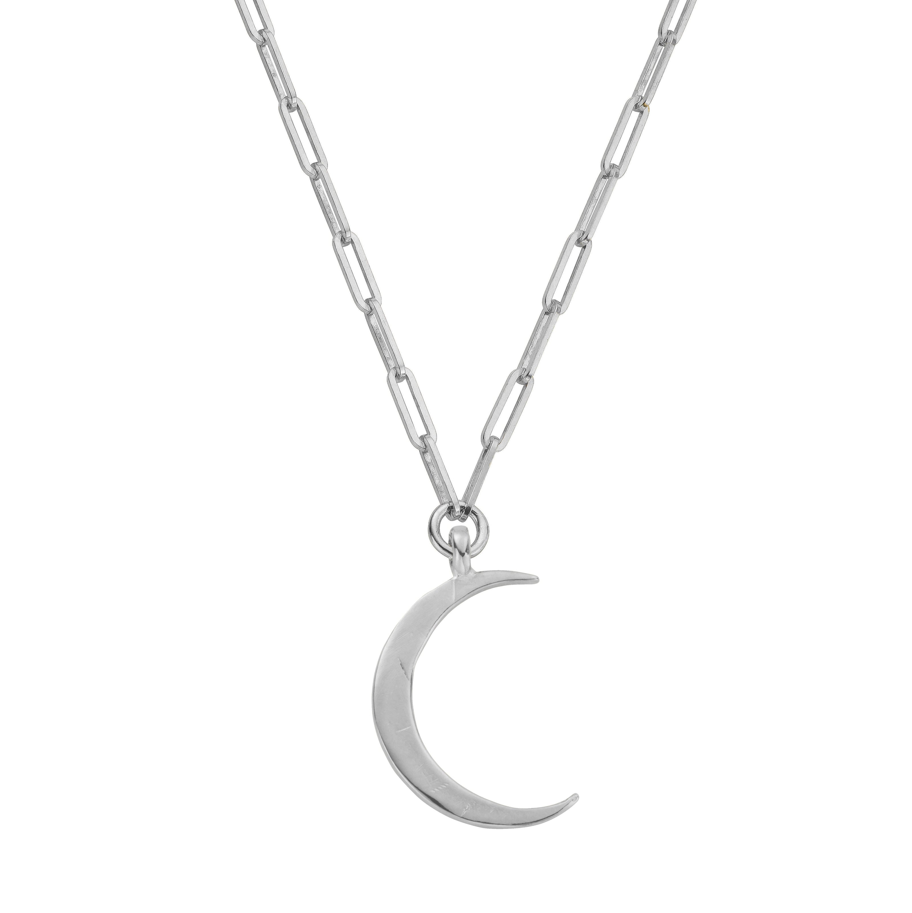 Silver Large Crescent Moon Trace Chain Necklace