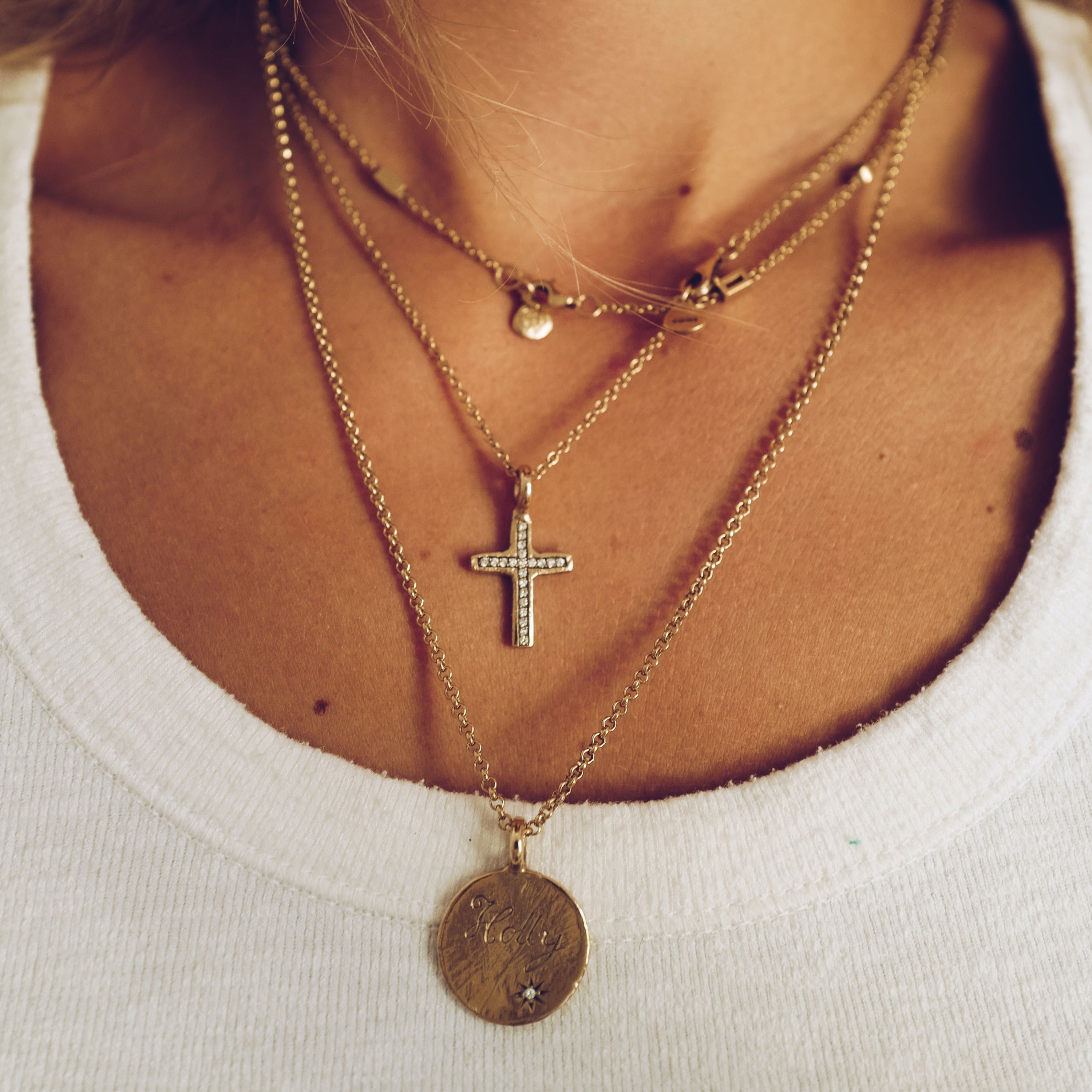 Gold Diamond Pave Set Medium Cross Necklace (Midi Chain