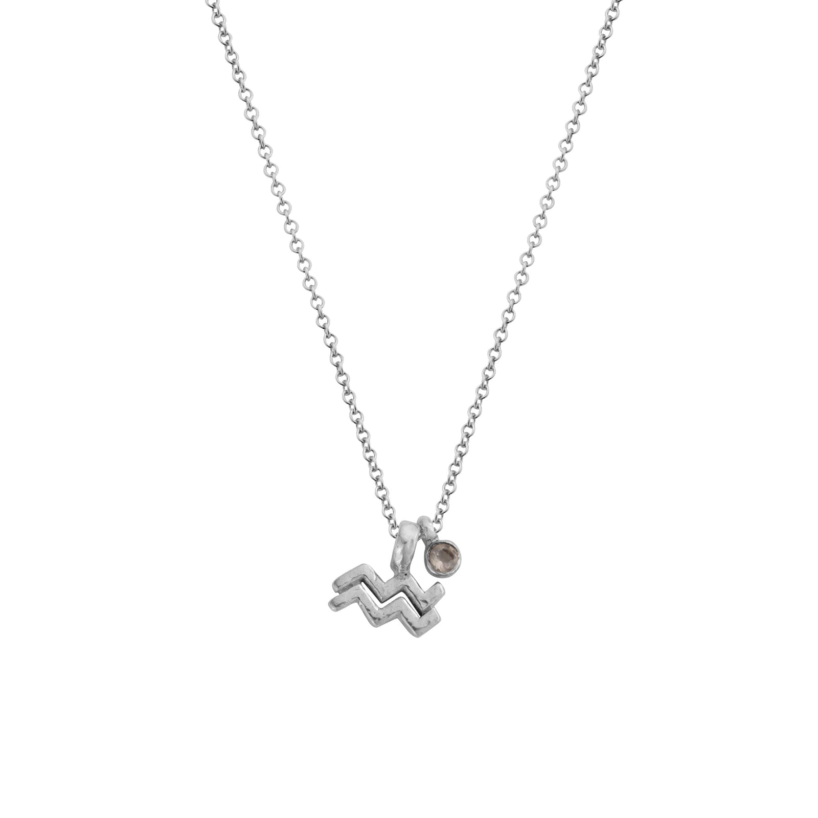 Silver Mini Aquarius Horoscope & Rose Quartz Birthstone Necklace