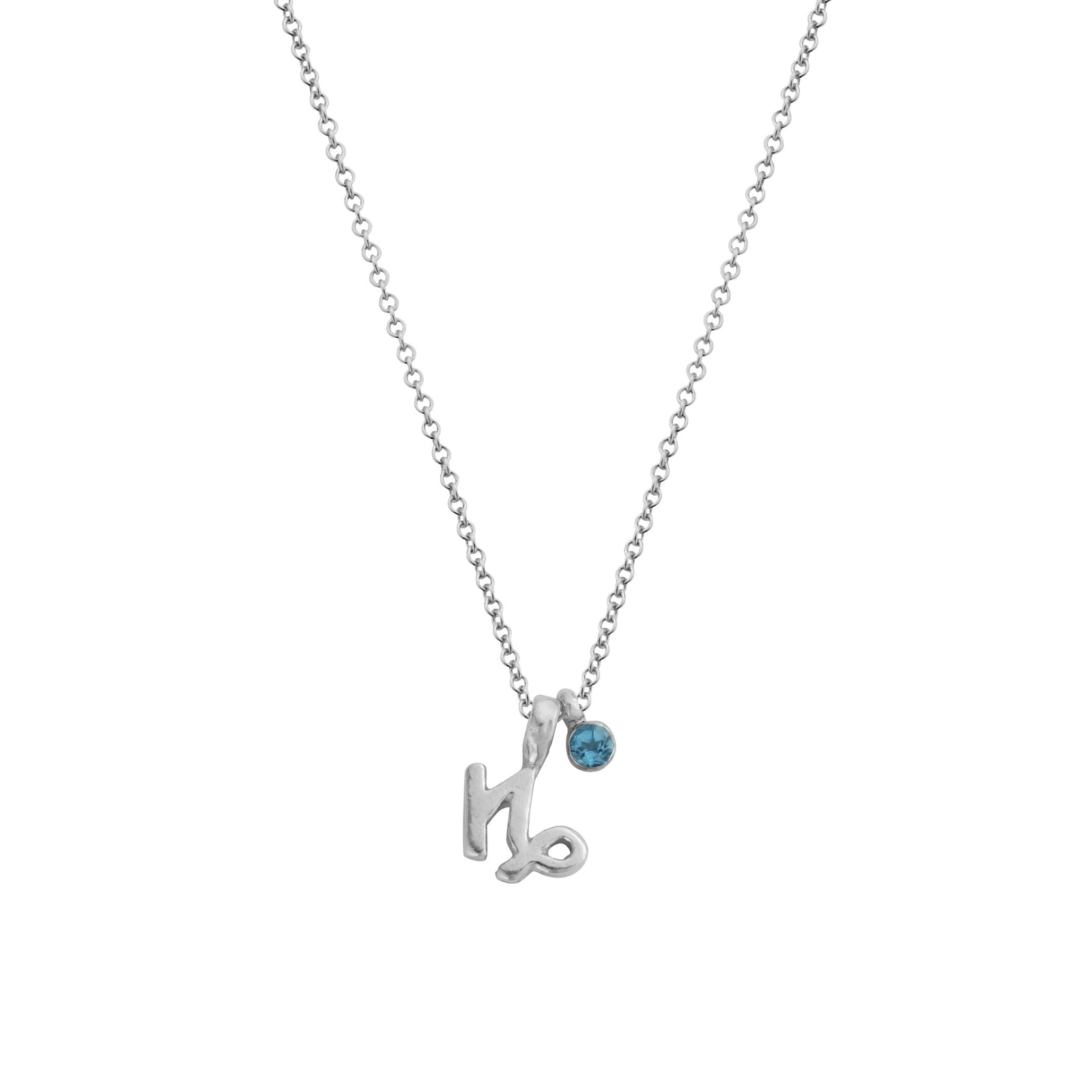 Silver Mini Capricorn Horoscope & Blue Topaz Birthstone Necklace