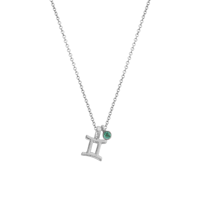 Silver Mini Gemini Horoscope & Emerald Birthstone Necklace