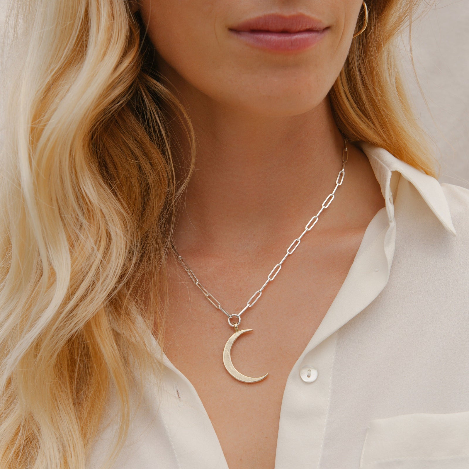 Silver & Gold Large Crescent Moon Trace Chain Necklace