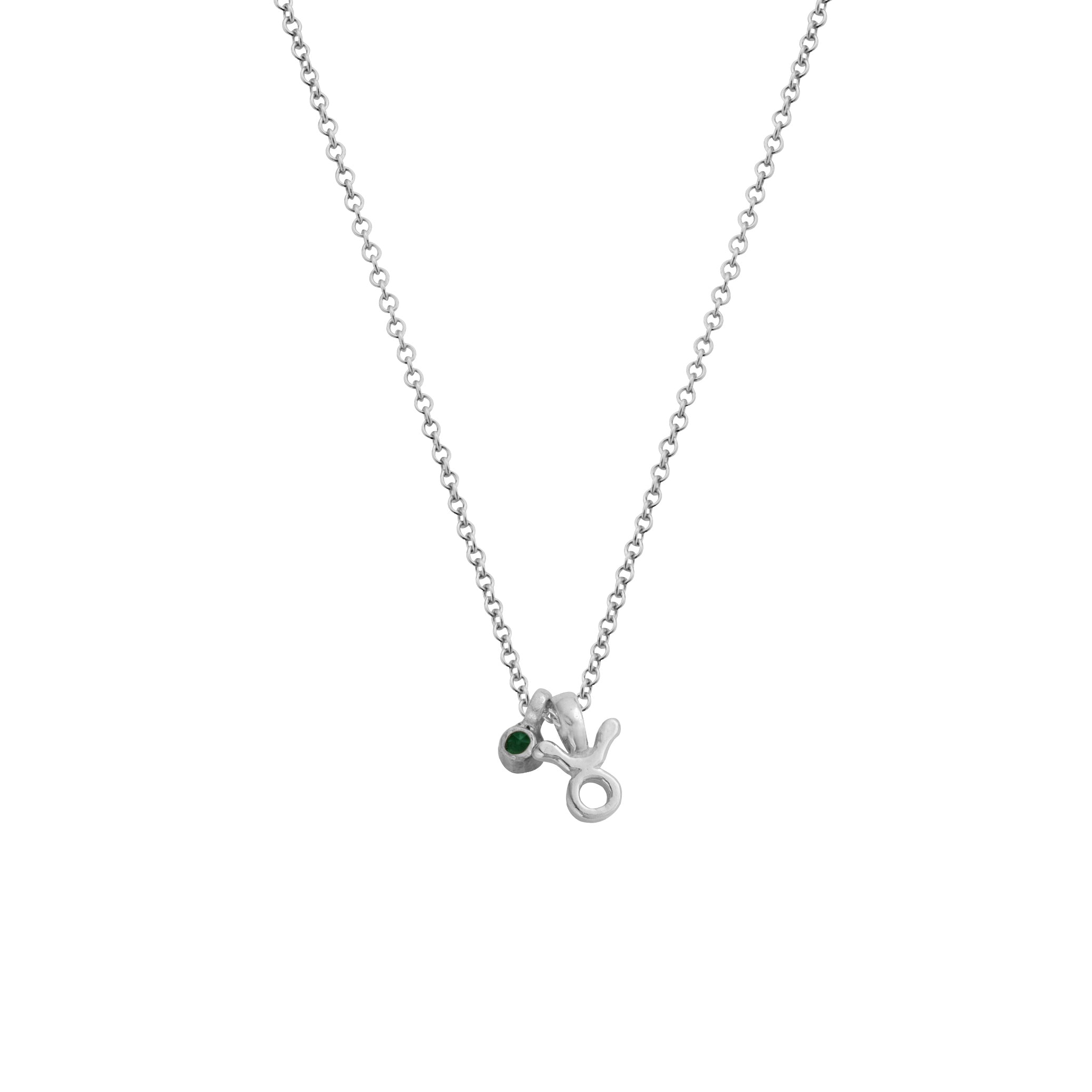 Silver Mini Taurus Horoscope & Emerald Birthstone Necklace