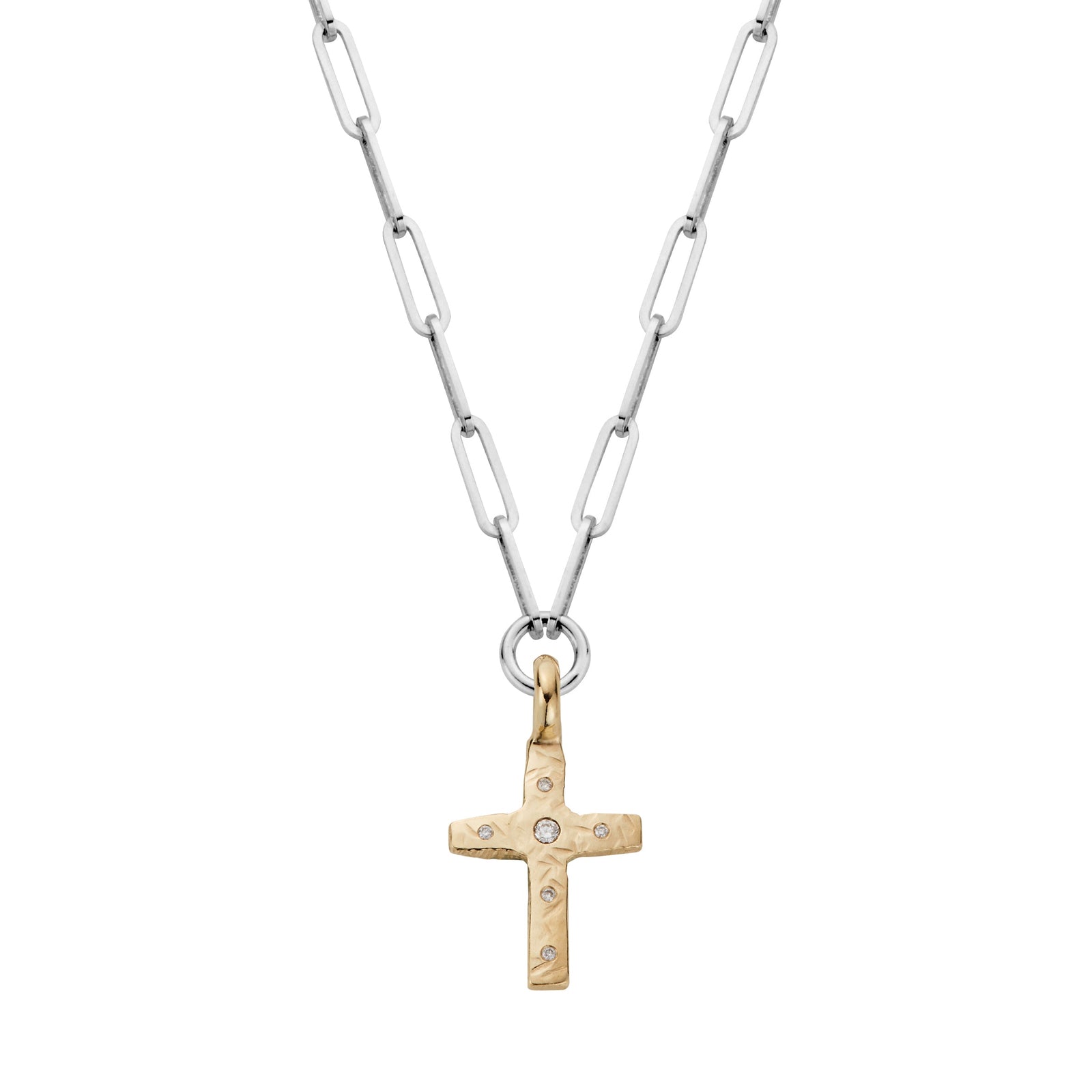 Silver & Gold Diamond Square Cross Trace Chain Necklace