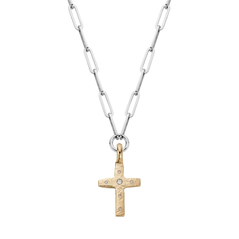 Silver & Gold Diamond Square Cross Trace Chain Necklace